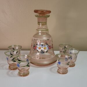 Vintage Floral Glass Decanter Set with Six Glasses